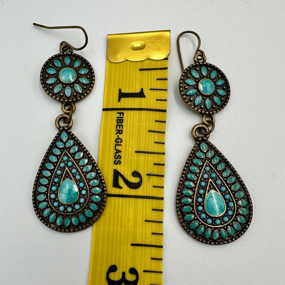 Boho Turquoise Bronze Teardrop Chandelier Dangle Earrings Southwestern Tribal - Picture 5 of 5